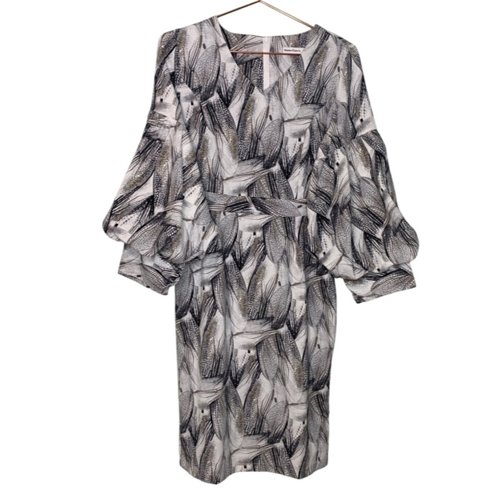Womens Black & White Printed Balloon Sleeve Dress